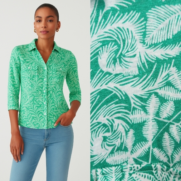 J. McLaughlin Brynn Preppy Linen Button-Up Shirt Tropical Print Green White XL - Picture 1 of 12